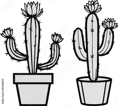 Minimalist natural floral vector sticker of cactus plant with spines, bold black thick clean outline, pure white background 1