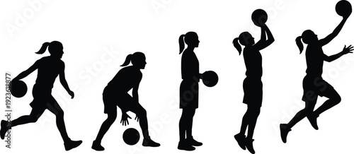 Female basketball player silhouette sequence, dynamic dribbling shooting action poses isolated on white background sports training concept illustration