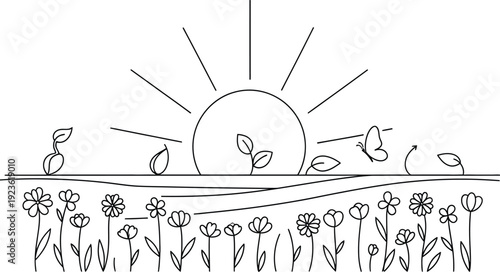 Simple black and white line art illustrates the fundamental life cycle of a growing plant from seed to bloom under the rising sun.
