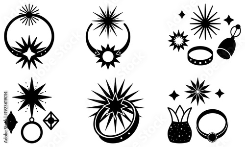 Collection of black and white jewelry illustrations featuring rings, earrings, and crowns with starburst designs and geometric shapes