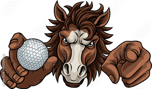 Horse mustang bronco stallion angry golf sports team mascot holding a ball.