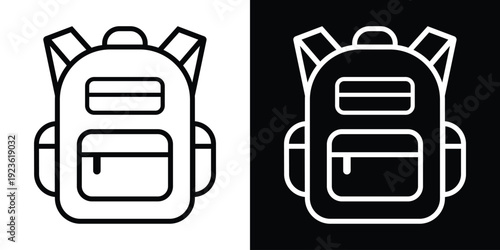 Minimalist backpack line icons in black and white styles. Modern school bag symbols for UI/UX design, travel apps, or education websites. Set of linear vector illustrations on split background.