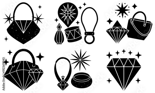 Collection of luxury handbags and jewelry illustrations on a white background showcasing elegance and sophistication