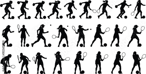 Collection of female athlete silhouettes playing tennis and soccer dynamic sports action poses isolated on white background high resolution illustration