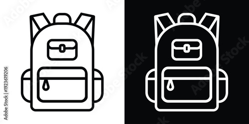 Minimalist backpack line icons in black and white styles. Modern school bag symbols for UI/UX design, travel apps, or education websites. Set of linear vector illustrations on split background.