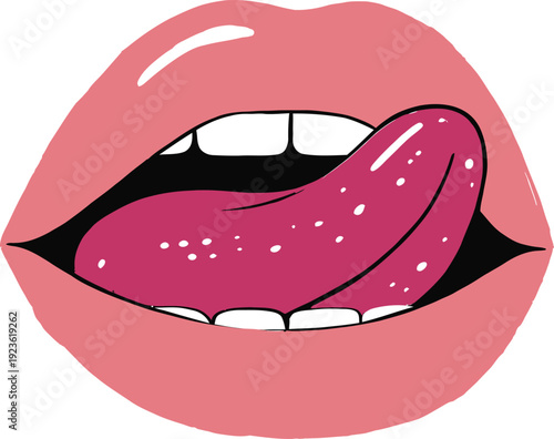 Pink female lips with red tongue out for professional cosmetics makeup branding, dental clinic, bold fashion style, and food taste.