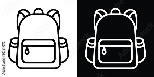 Minimalist backpack line icons in black and white styles. Modern school bag symbols for UI/UX design, travel apps, or education websites. Set of linear vector illustrations on split background.
