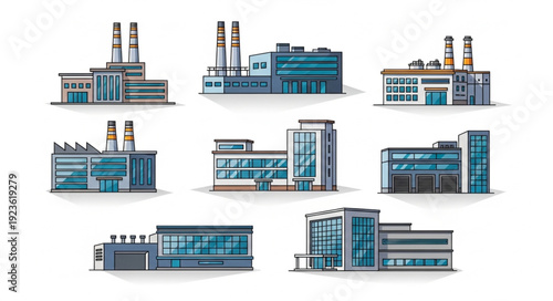 Various industrial buildings and factories with different designs and structures, representing manufacturing and production.
