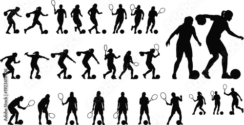 Set of male athlete silhouettes playing tennis and soccer dynamic action poses isolated on white background high resolution illustration
