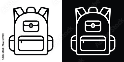 Minimalist backpack line icons in black and white styles. Modern school bag symbols for UI/UX design, travel apps, or education websites. Set of linear vector illustrations on split background.