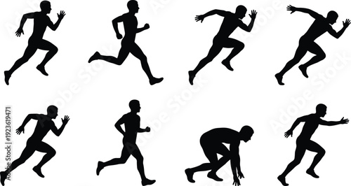 Set of male runner silhouettes in sprint start and running poses isolated on white background dynamic sport action illustration