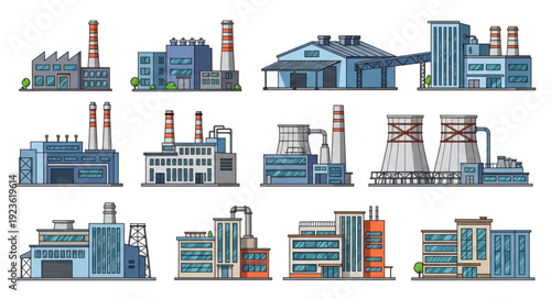 Various industrial buildings and factories with chimneys and smoke stacks.