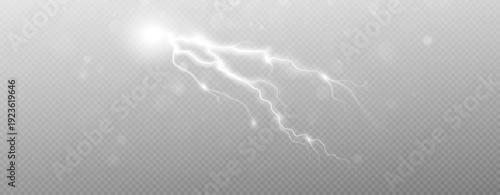 Realistic lightning flash effect, thunderstorm and lightning. Shining white lightning isolated on transparent background, natural phenomenon png.	
