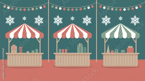 A festive holiday market scene with colorful vendor stalls and decorations