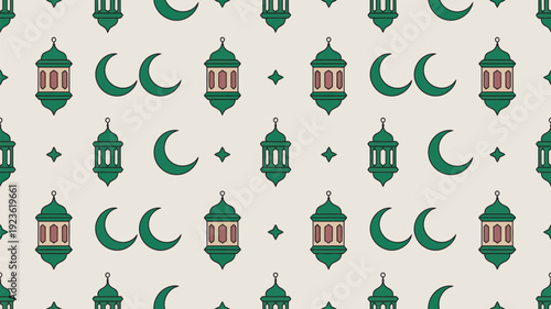 A repetitive pattern showcases green Islamic lanterns, crescent moons, and small diamond shapes on a light beige background.