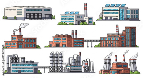 Various industrial buildings and factories with chimneys and smoke emissions in a row.