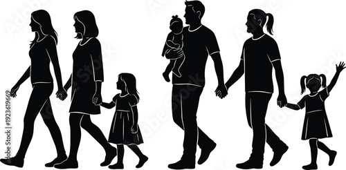 Family silhouette icons, parents children walking hand in hand, togetherness companionship vector illustration, people group design flat vector