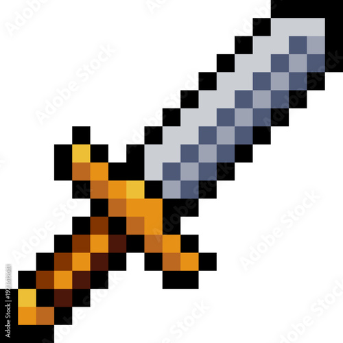 Pixel art sword icon in retro 8 bit style. Fantasy video game warrior weapon item with steel blade and gold hilt. RPG combat asset for UI, inventory systems and medieval video game design use.
