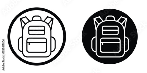 Round backpack badge icons in solid and outline versions. Circular school bag sign for navigation menus, mobile apps, and UI design. Black and white vector set of travel bag symbols.