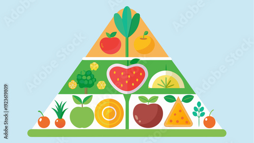 Healthy food pyramid illustration with fruits and vegetables arranged in balanced diet concept in flat vector style