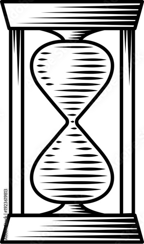 Vintage hourglass time symbol illustration drawing in vintage woodcut engraving style. Classic sand timer isolated on white background. Retro time concept, mortality, deadline or countdown design