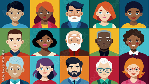 Diverse people avatars collection with men and women of different ages and ethnicities in flat vector portrait set