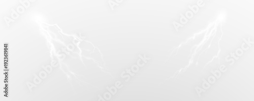 Realistic lightning flash effect, thunderstorm and lightning. Shining white lightning isolated on transparent background, natural phenomenon png.	
