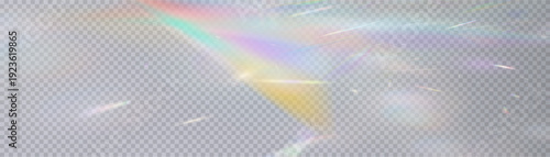 Set of rainbow light flares, reflection effect, falling confetti. Light rainbow lights with transparent effect, sparkling prism, stripe overlay, rainbow crystal, vector, png.