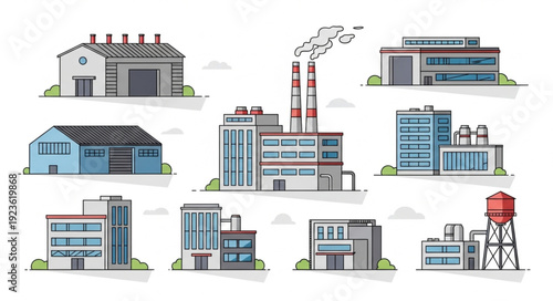 Various industrial buildings and factories in an urban environment, representing manufacturing and production.