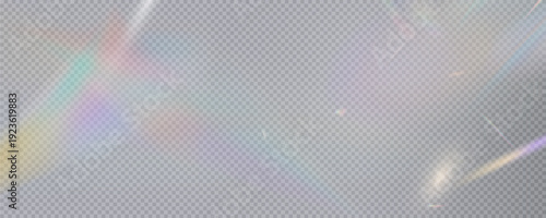 Set of rainbow light flares, reflection effect, falling confetti. Light rainbow lights with transparent effect, sparkling prism, stripe overlay, rainbow crystal, vector, png.