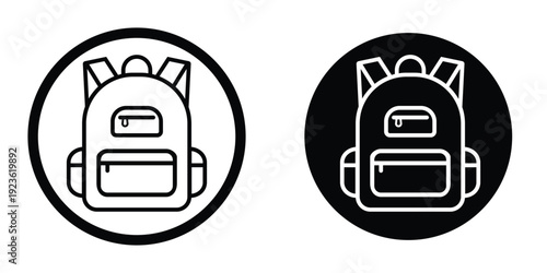 Round backpack badge icons in solid and outline versions. Circular school bag sign for navigation menus, mobile apps, and UI design. Black and white vector set of travel bag symbols.