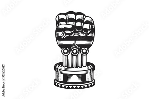 Raised fist in black with sunburst, stars, and tribal elements shown