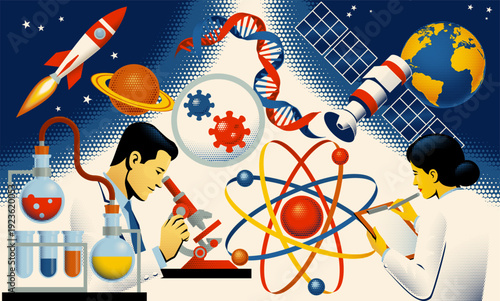 Retro vintage illustration with science themes. Scientists working in laboratory researching physics chemistry biology. STEM, and scientific discovery atom, DNA, rockets, satellites and microscope