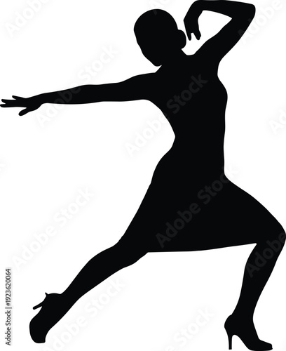 Black silhouette of a female ballroom dancer in a graceful latin dance pose isolated on white background flat vector illustration
