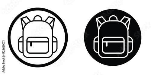 Round backpack badge icons in solid and outline versions. Circular school bag sign for navigation menus, mobile apps, and UI design. Black and white vector set of travel bag symbols.