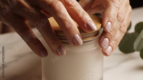 Wallpaper Mural Woman opening white jar with cream in close up. Hand skincare and cosmetic product application with gentle hands. Torontodigital.ca