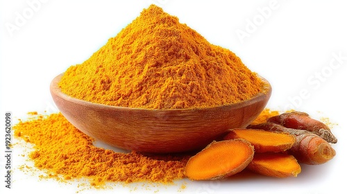 Turmeric powder ingredient pure display, white background golden rich color, fine particles scattered natural texture, Indian spice traditional grinding for spice brands and food ingredient supply