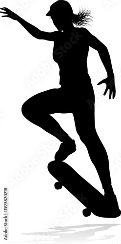 A skateboard woman or girl female skateboarder in silhouette.