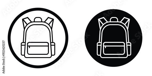 Round backpack badge icons in solid and outline versions. Circular school bag sign for navigation menus, mobile apps, and UI design. Black and white vector set of travel bag symbols.