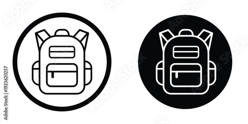 Round backpack badge icons in solid and outline versions. Circular school bag sign for navigation menus, mobile apps, and UI design. Black and white vector set of travel bag symbols.