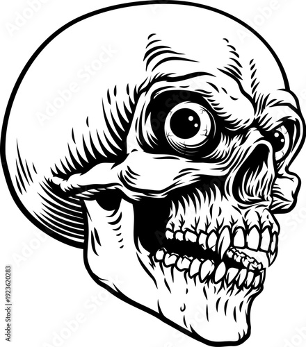 Creepy human skull with eyes illustration drawing in vintage woodcut engraving style. Detailed horror skeleton head with sharp teeth and exaggerated eye. Gothic macabre artwork