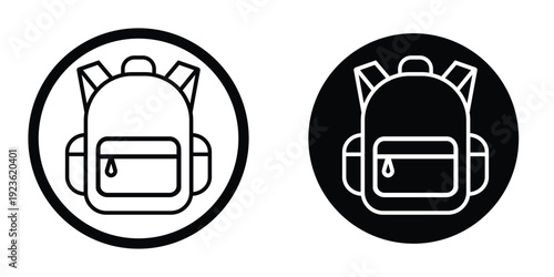Round backpack badge icons in solid and outline versions. Circular school bag sign for navigation menus, mobile apps, and UI design. Black and white vector set of travel bag symbols.