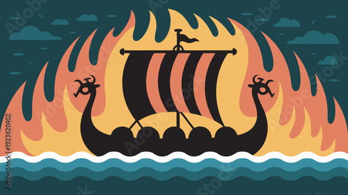 A dramatic illustration of a burning Viking ship sailing through fiery waters