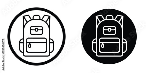 Round backpack badge icons in solid and outline versions. Circular school bag sign for navigation menus, mobile apps, and UI design. Black and white vector set of travel bag symbols.