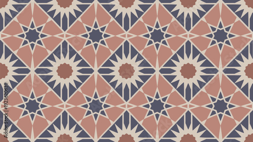 An intricate seamless geometric pattern inspired by Islamic art features stars and polygons in terracotta, blue, and beige colors.