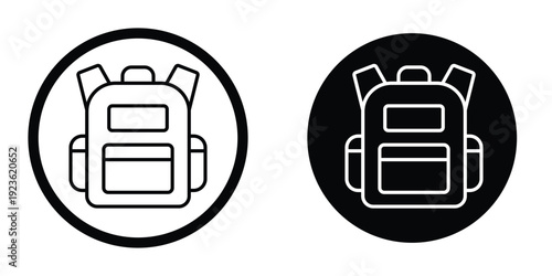 Round backpack badge icons in solid and outline versions. Circular school bag sign for navigation menus, mobile apps, and UI design. Black and white vector set of travel bag symbols.