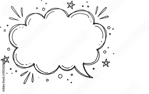 Hand drawn cloud shaped speech bubble vector illustration with decorative stars and dots isolated on white background for messages