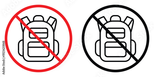 No backpacks prohibited sign with red and black strikeout. Universal restriction symbol for safety, security zones, or school rules. Vector illustration of forbidden bag icon in a circle.