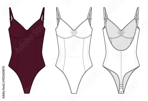 Burgundy Bustier Bodysuit Technical Fashion Illustration. Corset Seam Shaping Sleeveless High-Cut Leg Leotard CAD Vector Template. Front and Back View.