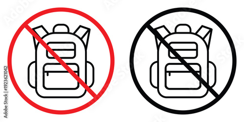 No backpacks prohibited sign with red and black strikeout. Universal restriction symbol for safety, security zones, or school rules. Vector illustration of forbidden bag icon in a circle.